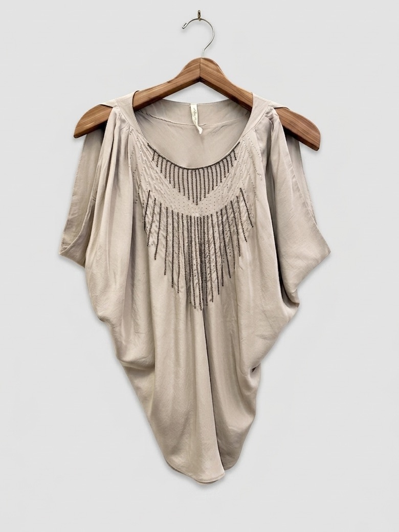 Chelsea Flower Beaded Taupe Dolman Sleeve Silk Top